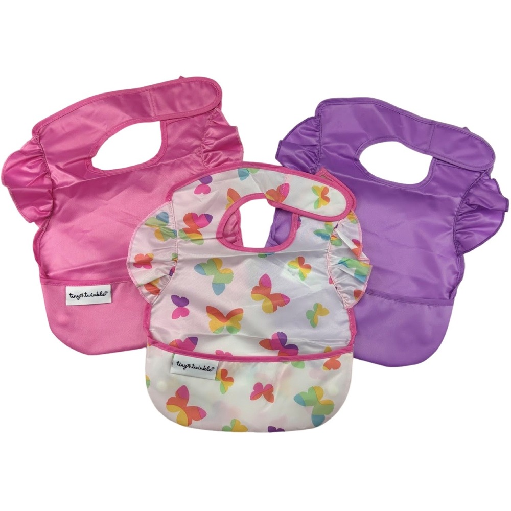 Tiny Twinkle Baby Mess Proof Bibs Waterproof Pocket Ruffle Butterfly Pink Purple